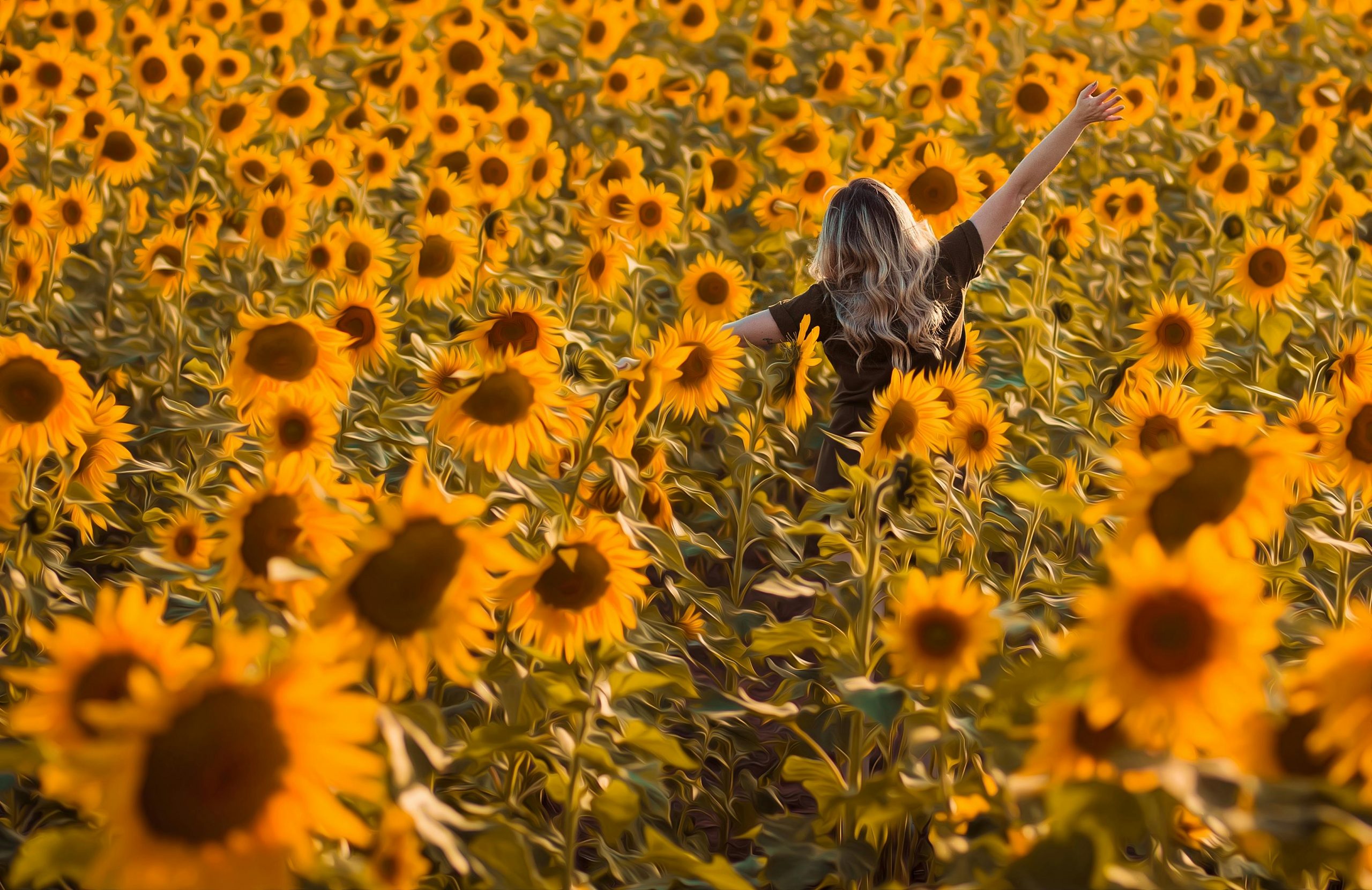 A carefree woman enjoying a summer day in a vast sunflower field, arms raised in happiness.